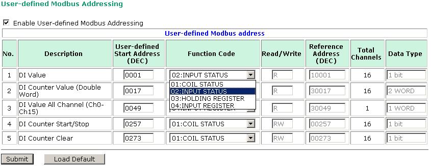 Using the Web Console User-Defined Modbus Addressing The input and output address can be configured in a different format on a specific settings page.