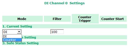 Activate Event Counter mode by selecting the Counter Start field and configure the Counter Trigger by selecting Lo to Hi, Hi to Lo, or Both from the dropdown menu.