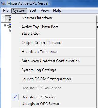 Active OPC Server System Several operations can be accessed from the System menu.