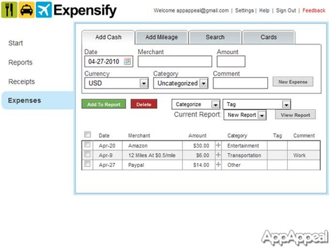 EXPENSIFY. TRACK EXPENSES ON THE FLY MILEAGE ENTERED OR RECORDED VIA GPS TRACKING. SMARTSCAN. A PIC OF A RECIEPT ENTERED AUTOMATICALLY.