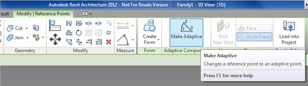 Adaptive Component 1 (Shade Sail) 1. Start a new family, Application Menu > New > Family 2. Select Metric Generic Model Adaptive.rft from the list of templates. 3.