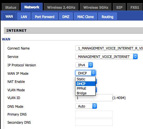 1 WAN Open the Network > WAN web page as shown below and select the appropriate