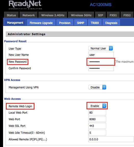 4.2.2 From the WAN Port By default, remote web login from the WAN port is disabled. To enable remote web login from the WAN port, you will need to log in through a LAN port (see 4.2.1) to get the WAN IP address (see Status page), change the default password (Administration > Management > Password Reset), and enable remote management (Administration > Management > Web Access).