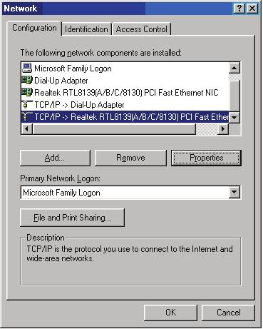 Windows 9x/ME 1. Click Start > Control Panel > Network to display the Network setup window. 2.