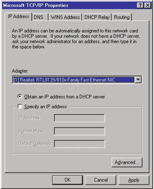From the IP Address tab of the Microsoft TCP/IP Properties window, you can: Select the type of network adapter installed in