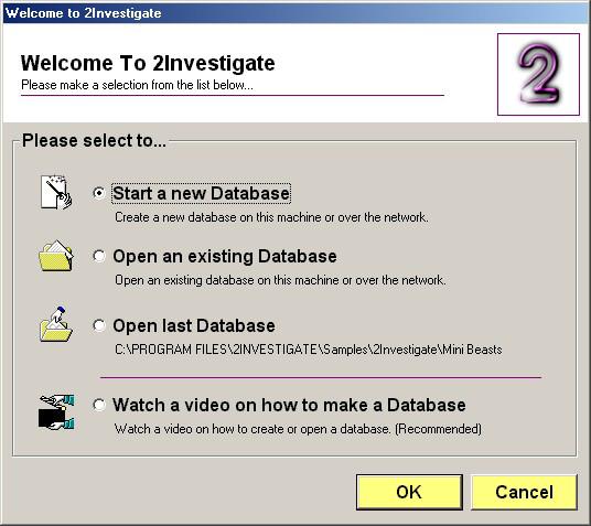 2Investigate When 2Investigate initially loads, you will be presented with this menu: You are given 4 choices.
