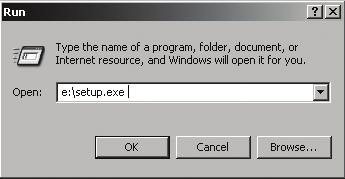 exe (If your CD drive is drive E, type e:\setup.exe etc). 4. Click OK 5.