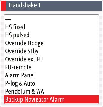 Select Backup Navigator Alarm for Handshake 1 or 2, depending on physical connection of external switch.