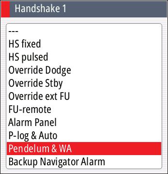 Handshake settings overview Handshake setting HS fixed HS pulse Override Dodge Override STBY Override ext FU Function Autopilot/steering gear interface with fixed level signals Autopilot/steering
