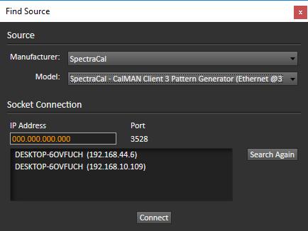 Using Client 3 as a test pattern source. Using Client 3 for display control. CalMAN connects to Client 3 over a socket communication link, using an IP address and a port number.