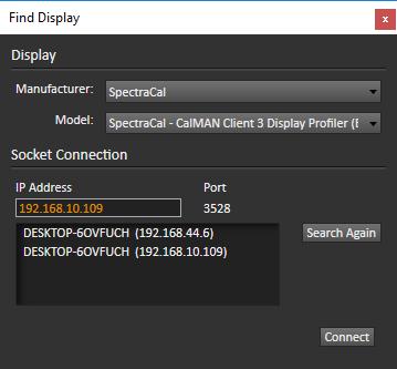 To connect CalMAN to use Client 3 for display control: 1. On the CalMAN Display Control tab, click the Find Display button. 2.