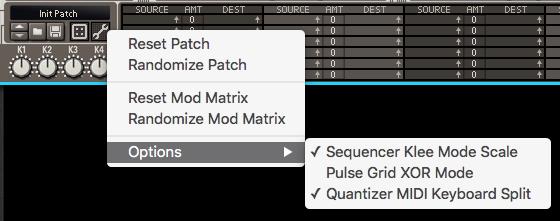 Patch Patch Edit Tools Randomize Sets all pulses and sequencers to intelligently randomized values. Tool Pop-up Menu Pop up a tool menu. Reset Patch Resets all pulses and sequencers to default values.