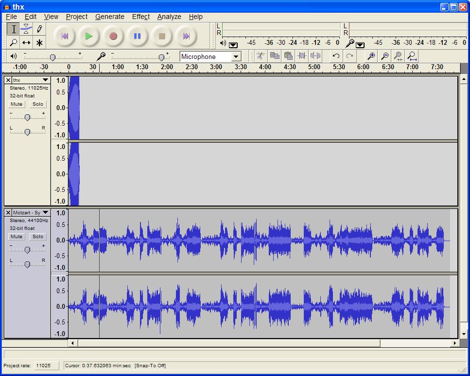 thx.wav Is this sound mono or stereo? Motzart.mp3 How long in time is this music? After importing an mp3 file you should have two separate sounds showing in Audacity.