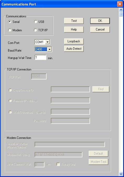 The Communications Port dialog box displays. Communication Port Settings 2. Select Serial from the communications field. 3.