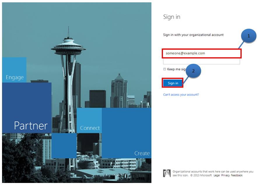 The Sign in page appears. 1. Type your Microsoft email alias in the first field. 2. Select Sign in. You may be prompted for your employee user name and password.