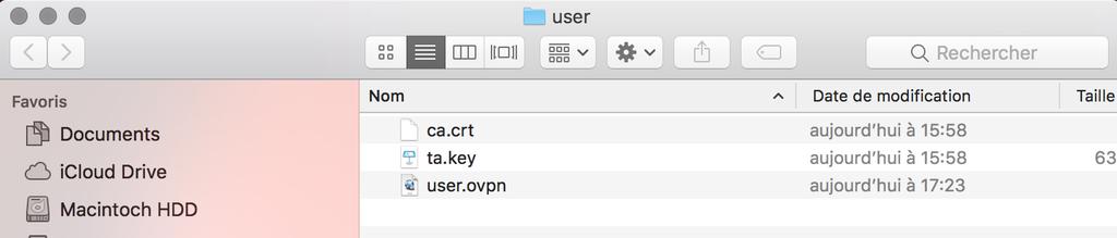 /opt/mfavpn/bin/clientpkg user adding: user/ (stored 0%) adding: user/ca.crt (deflated 25%) adding: user/ta.key (deflated 40%) adding: user/user.ovpn (deflated 54%) An output file named user.