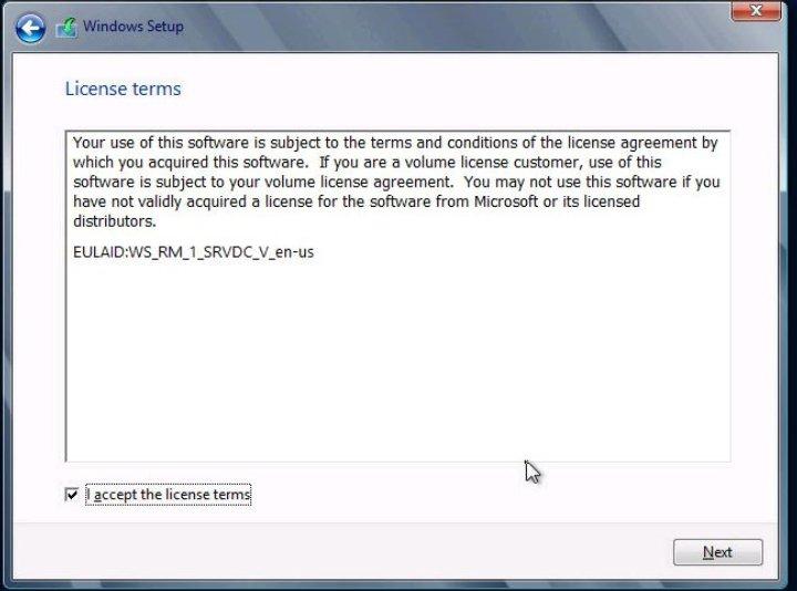Install Windows Server 2012 or 2012 R2 Manually Using Local or Remote Media The License Terms screen appears. 9.