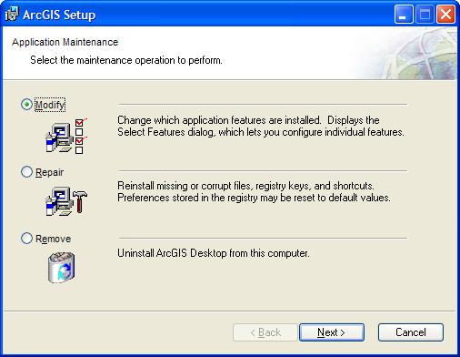 3. When the Application Maintenance dialog appears, select Modify. 4. The Select Features dialog appears. 5. Click.