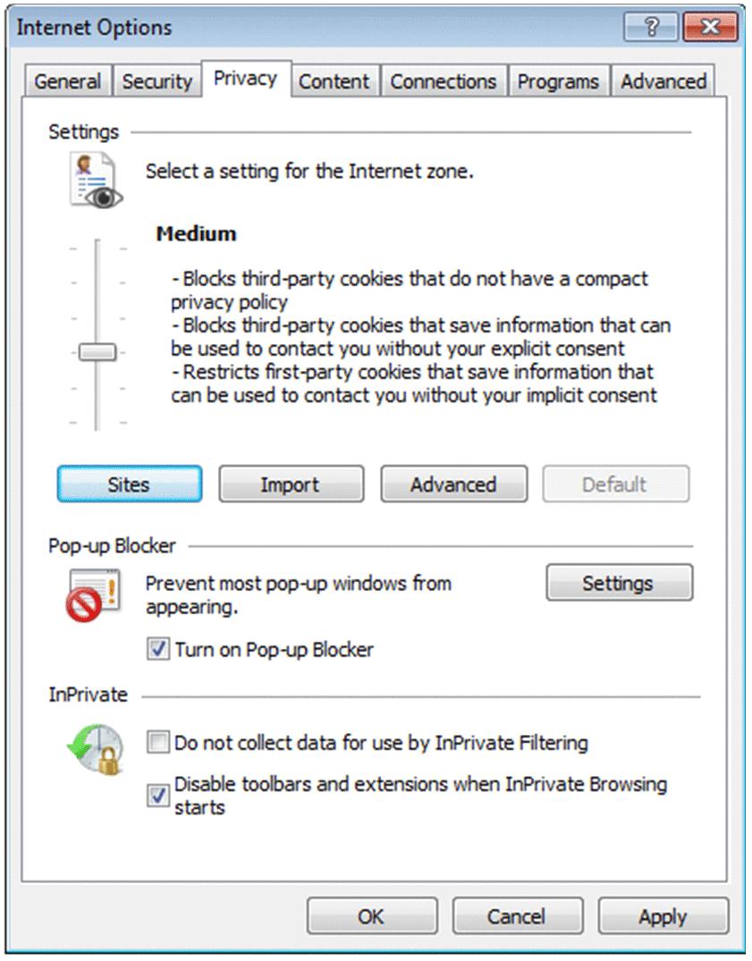 3.3.2 Privacy tab This subsection describes the settings on the Privacy tab. If the JP1/DH - Server site is in the Internet zone, you need to accept cookies.