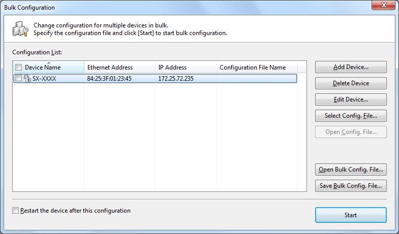 4. AMC Manager Bulk Configuration Window Name Configuration List [Add Device] button [Delete Device] button [Edit Device] button [Select Config. File] button [Open Config.