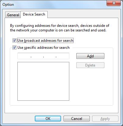 AMC Manager User's Manual Device Search Tab Name Details Default Value Use broadcast addresses for Check the check box when you use the broadcast address for search searching the devices.