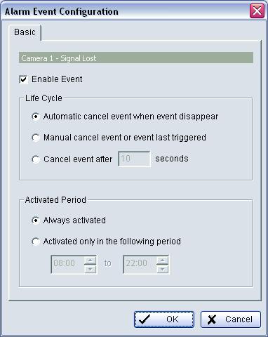 Camera Event Settings Basic setting of video Signal Lost and General Motion. Enable Event: Check the box to activate the event.