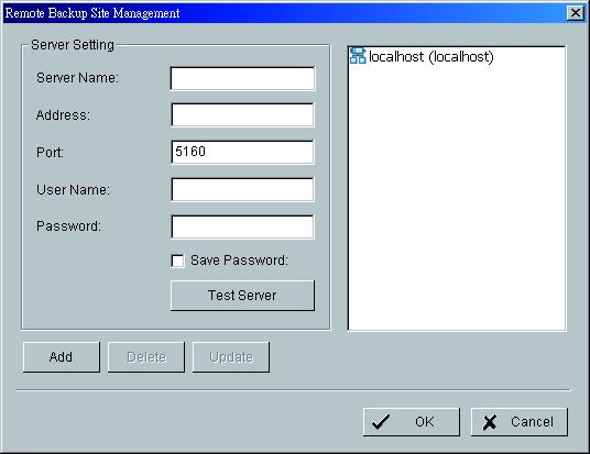 Backup Recorded File(s) Step 1: Click the Remote Sever icon to add and setup the backup. Enter the IP address or DNS, Port, Username, and Password. Click Add to add the server.