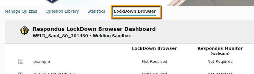 the quiz. Respondus Lockdown Browser Tab This new tab in the quizzes area will activate the dashboard and allow you to create more secure online quizzes and tests based on the tools you enable.