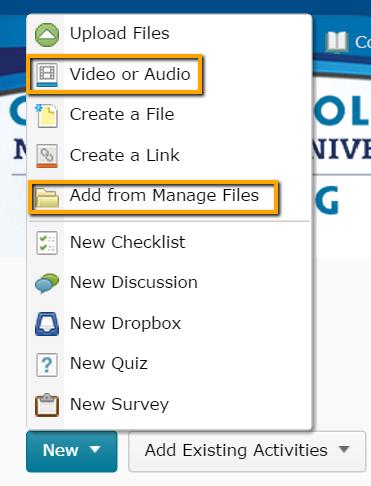 Content Dropdown Menu New options are available in the New dropdown menu include the addition of Video and Audio creation tools.