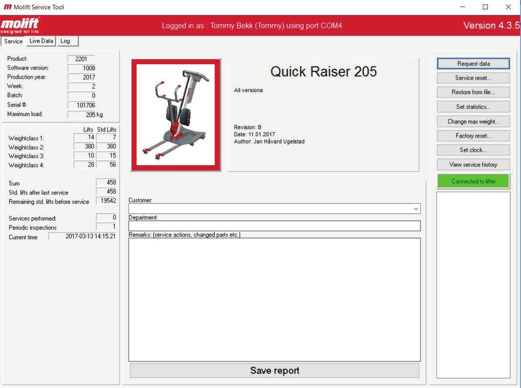 Molift QuickRaiser 205 The Molift QuickRaiser 205 has some new features in Molift Service Tool: Periodic inspections The Molift QuickRaiser 205 has a built in clock on the PCB.