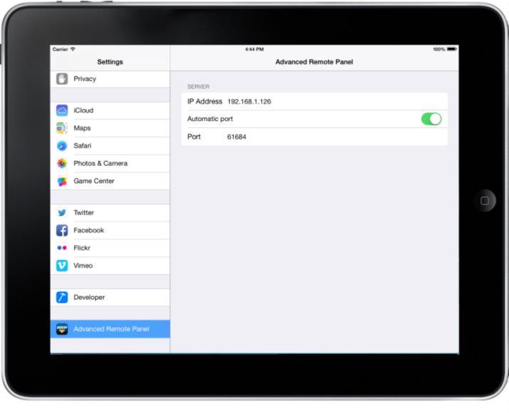 IOS CLIENT FOR IPAD AND IPHONE 2.3 App Settings In order to set the server IP address, go to the app settings.