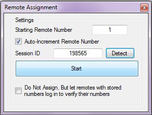 1. In the Remote Assignment window, check Auto-Increment Remote Number to assign numbers in the order in which remotes are turned on. 2. Click Detect then click Start. 3.
