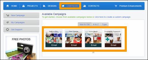 6. Campaigns (Pre-existing) The MRIS Marketing Center also allows you to send email drip campaigns. To access these, click on the preexisting Campaigns main menu option at the top of the screen.