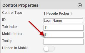 For each control in the form, specify the index number of Mobile Index property.