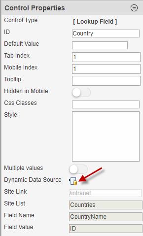 3. Select the "Country" Lookup and choose Dynamic Data Source property under the Control Properties. 4.