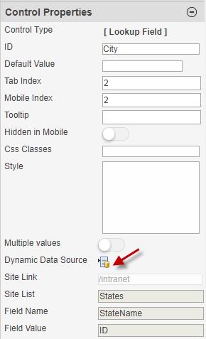 5. Select "State" Lookup field and choose Dynamic Data Source property under the Control Properties. 6. In the Lookup Selector, under Lookup Settings, specify the Site Path, Site List and Field Name.