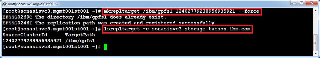 Figure 12: Configuring the Site 1 (target SONAS system) file tree replica path to receive Site 2 (source SONAS system) file tree Site 1 (IBM SONAS Edge) source side configuration The asynchronous