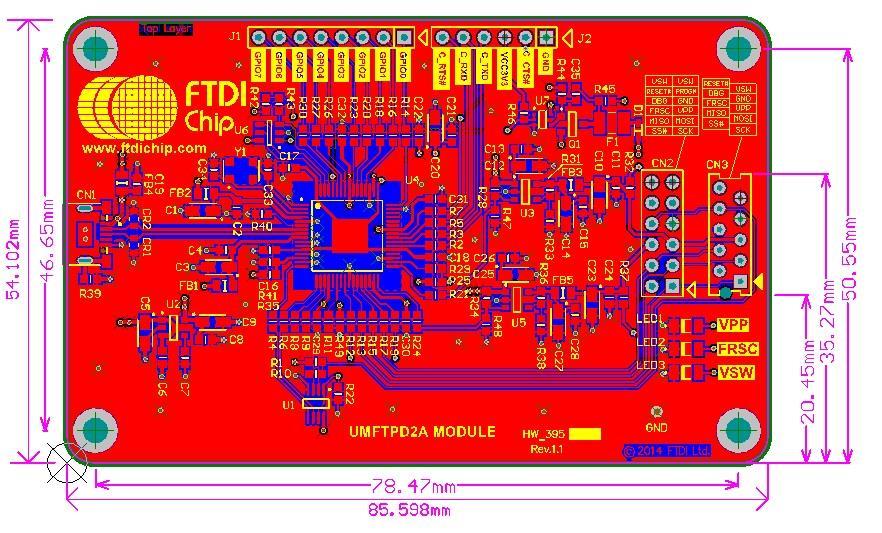 5 Module Dimensions Figure 5.1 UMFTPD2A Module Dimensions All dimensions are given in millimetres. Hole size diameter = 3.2mm.