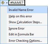 Possible Problems: Excel indicates an error with a symbol ( or ) beside the cell. Some common errors include: #VALUE! #NAME? and #DIV/0! Cause: There are different causes for each type of error.