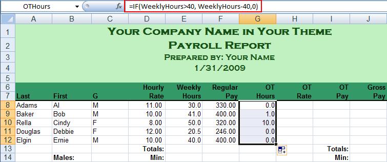 Step 7: Calculate Overtime Fields and Gross Pay Anything above 40 in WeeklyHours goes into the OTHours field.