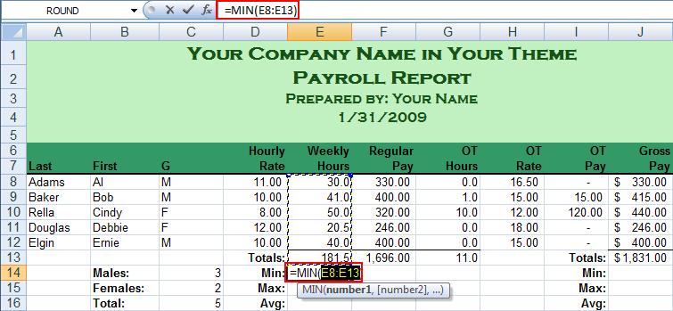 30 Highlight the cell to the right of the Min label in the Weekly Hours column, E14 Click the arrow next to the Sum icon and select Min Fig.