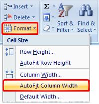You can double-click the crosshair to have Excel resize the column for you, or click in the column, select Format in