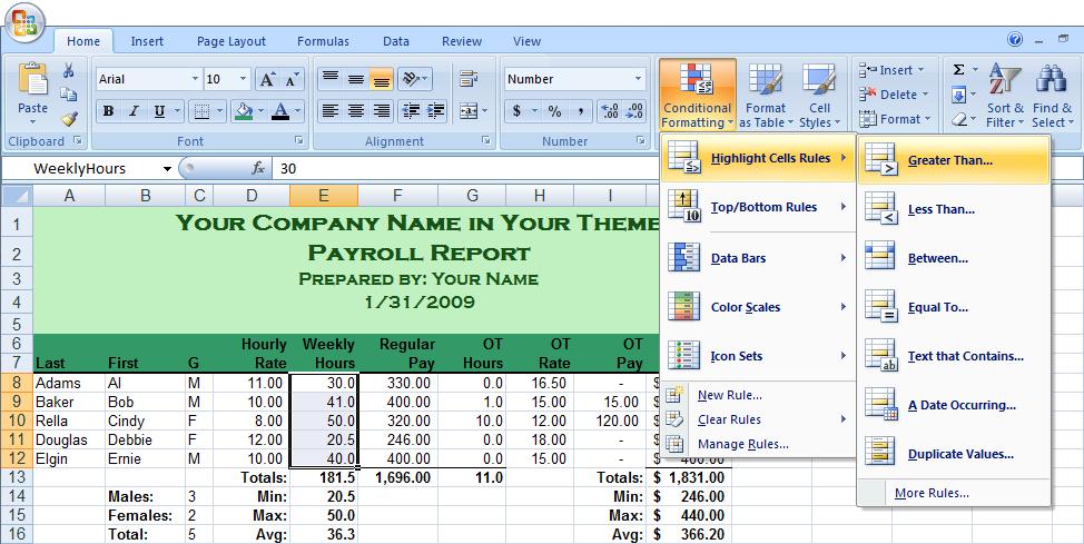 Step 10: Apply Conditional Formatting to WeeklyHours Add Company Logo The Payroll Report will display Weekly Hours that exceed 40