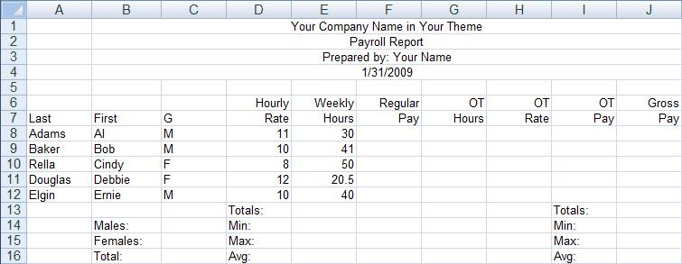 Click cell D6 (Hourly) and drag the pointer through cell J7 This highlights the numeric field headers, from Hourly Rate through Gross Pay.