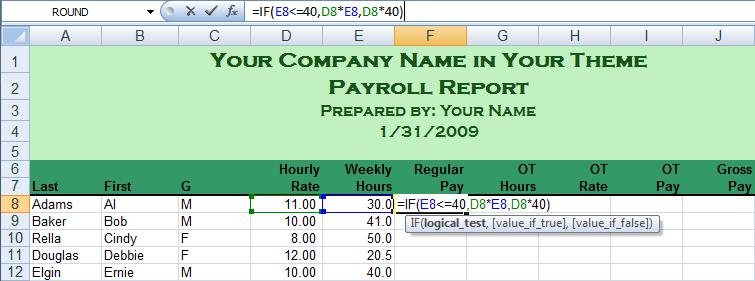 Step 5: Create Formula for Regular Pay If we were not calculating overtime, the Regular Pay formula would simply be =D8*E8 (or Hourly Rate times Weekly Hours).