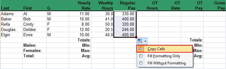 Highlight the first Regular Pay cell, F8 Click in the Formula Bar and type: =IF(E8<=40,D8*E8,D8*40) As you start typing a formula, Excel lists possible entries and displays a screen tip for each