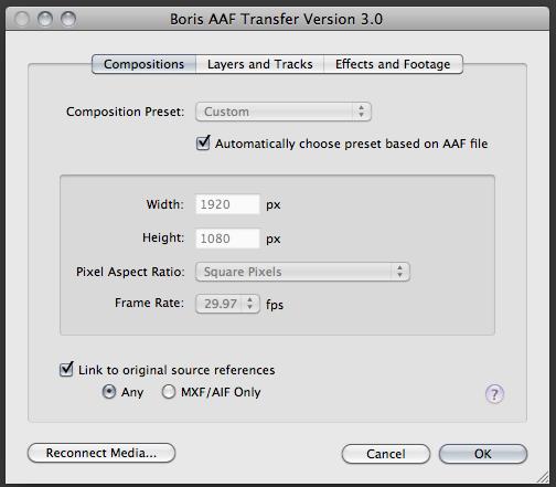 Composition Preset By default, XML Transfer will automatically match the project size, pixel aspect ratio and frame rate of the After Effects composition to that of the sequence that is being