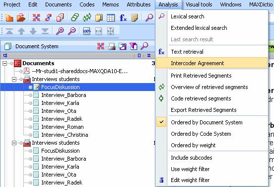 Step 2) Select Intercoder agreement from the Analysis drop-down menu.