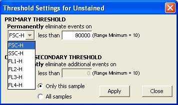 Threshold Settings Warning Message To set the threshold: 1. Do one of the following: Select Instrument > Set threshold. Click on the Set Threshold button in the Instrument Control Panel. 2.