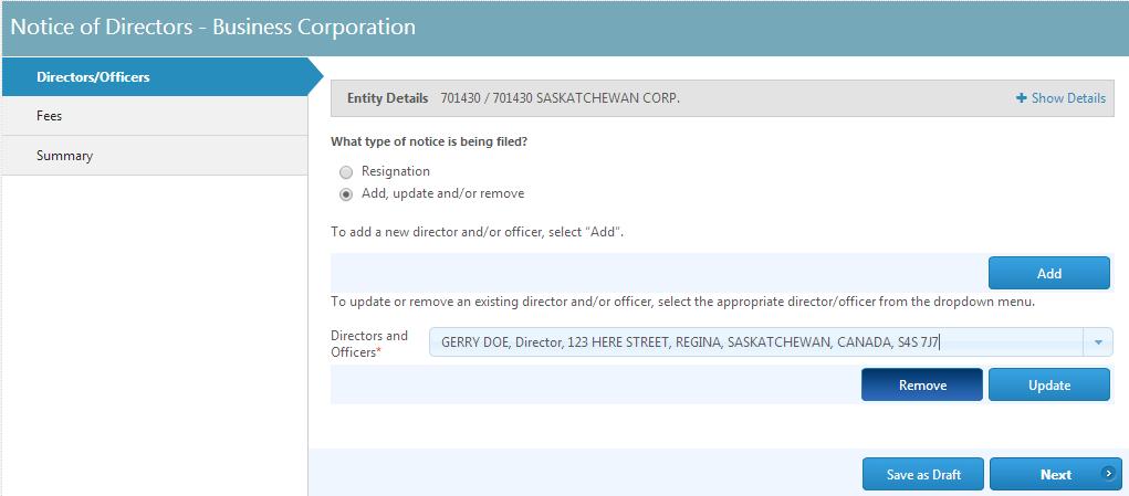 The Directors and Officers dropdown will display. Click on the dropdown and select the director that is being removed.